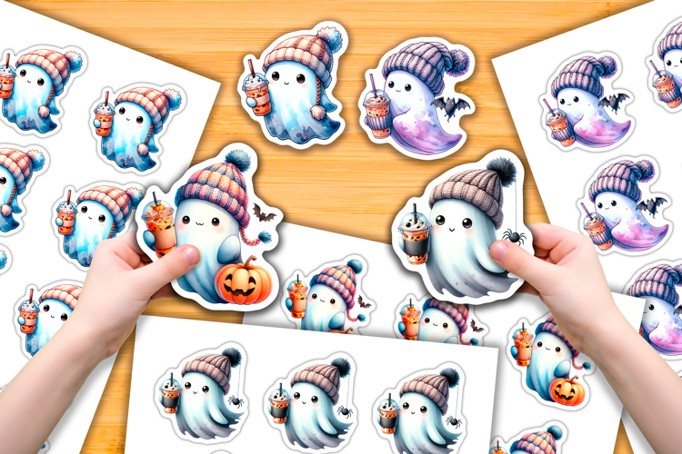 4 Cute Ghost and Coffee Halloween Stickers PNG