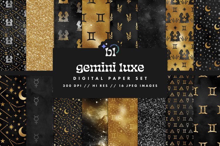 16 Black & Gold Gemini Zodiac Seamless Patterns