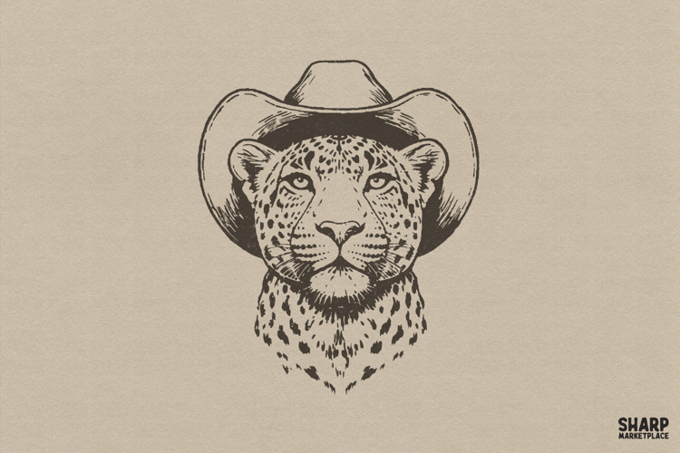 Cowboy Leopard Portrait In A Wide Brim Hat, Western PNG,