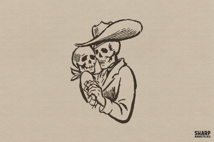Vintage Cowboy Skeleton Embrace, Halloween PNG Western