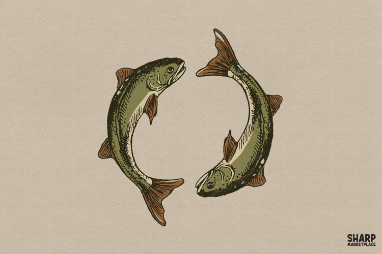 Twin Swimming Trout Fish Illustration, Retro Lake Life