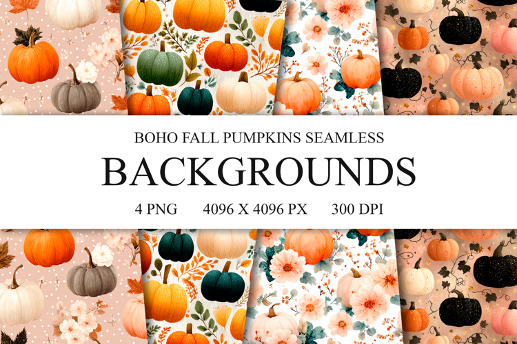 4 Boho Fall Pumpkins Seamless Patterns, Digital Paper PNG