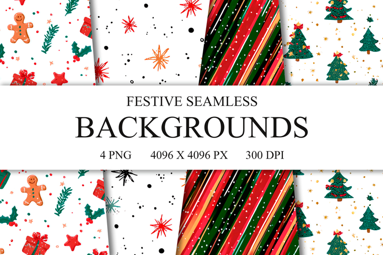 4 Festive Seamless Patterns, Christmas Digital Paper PNG