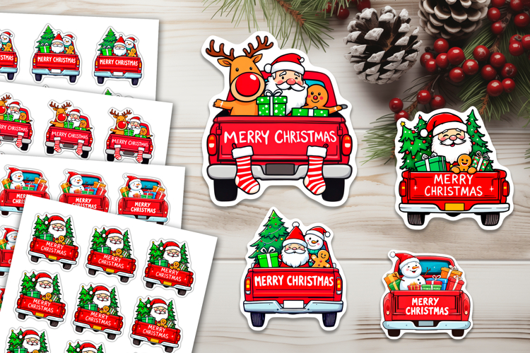 4 Merry Christmas Truck Stickers, Xmas Stickers PNG Files