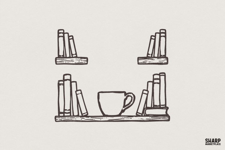 Book Lover Bookshelf PNG, Coffee Cup Digital Design,