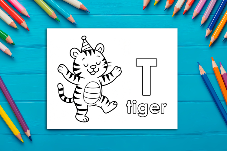 Letter T Coloring Page, Tiger Printable Design for Kids