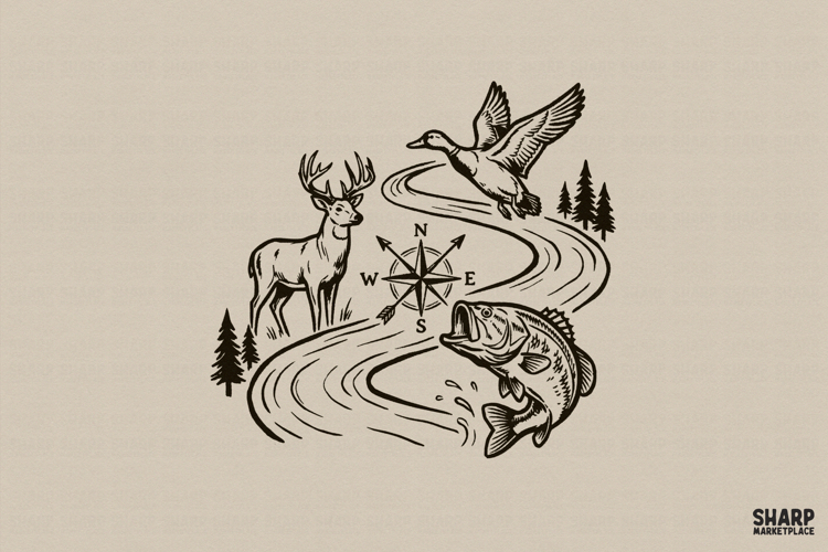 Wildlife River Scene PNG, Trendy PNG, Shirt PNG, Deer Duck