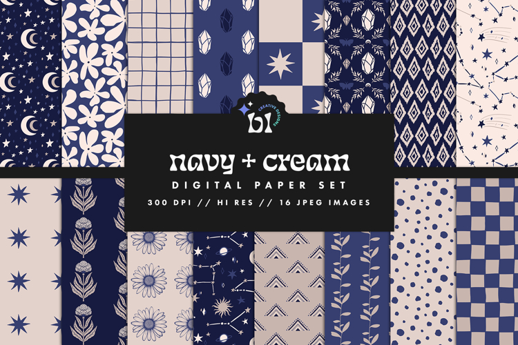 16 Navy & Cream Seamless Patterns