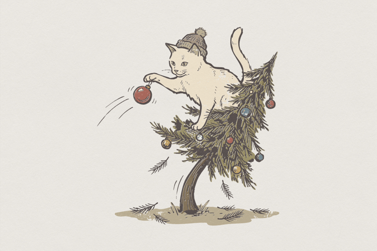 Christmas Cat PNG, Funny Cat in Tree, Holiday Digital