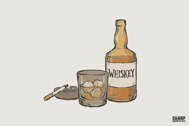 Whiskey Glass PNG, Whiskey Bottle Illustration, Bar Decor