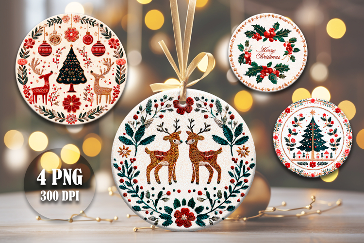 4 Embroidery Christmas Round Ornaments, Xmas Sublimation PNG