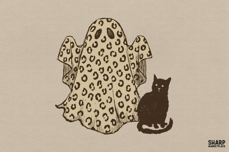 Leopard Print Ghost And Black Cat Illustration, Cute Ghost