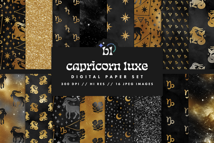 16 Black & Gold Capricorn Zodiac Seamless Patterns