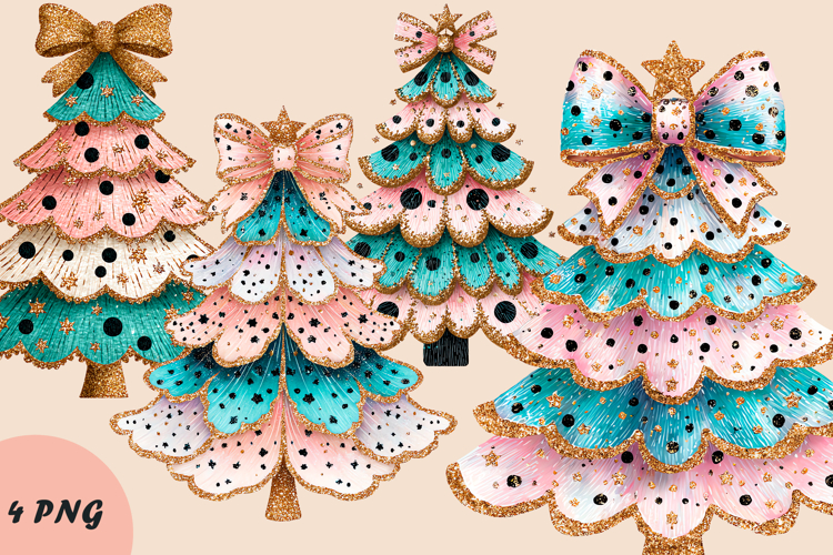 4 Whimsical Christmas Trees Clipart, Whimsy Xmas PNG Files