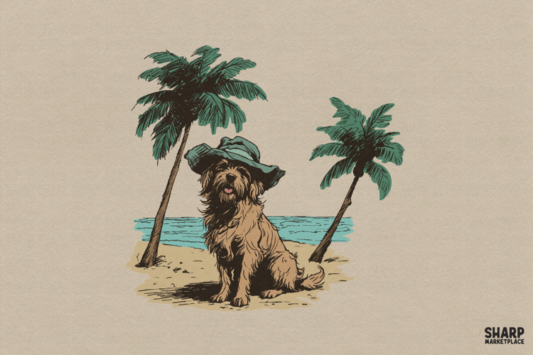 Scruffy Dog Wearing A Hat On The Beach With Palm Trees