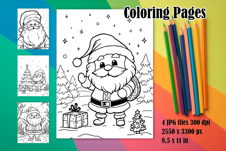 4 Cute Kawaii Santa Claus Coloring Pages, Christmas Designs