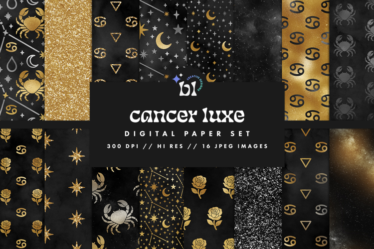 16 Black & Gold Cancer Zodiac Seamless Patterns