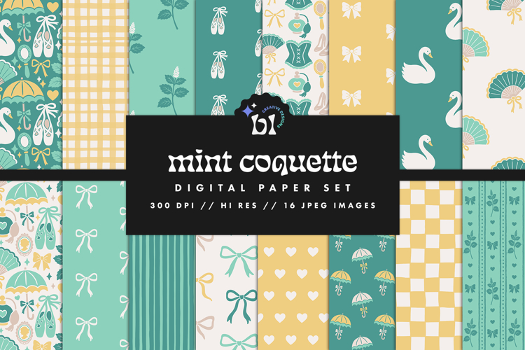 Mint Coquette Seamless Patterns - 16 JPEG Patterns