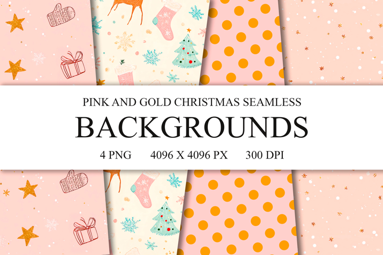 4 Pink and Gold Christmas Seamless Patterns, Digital Paper