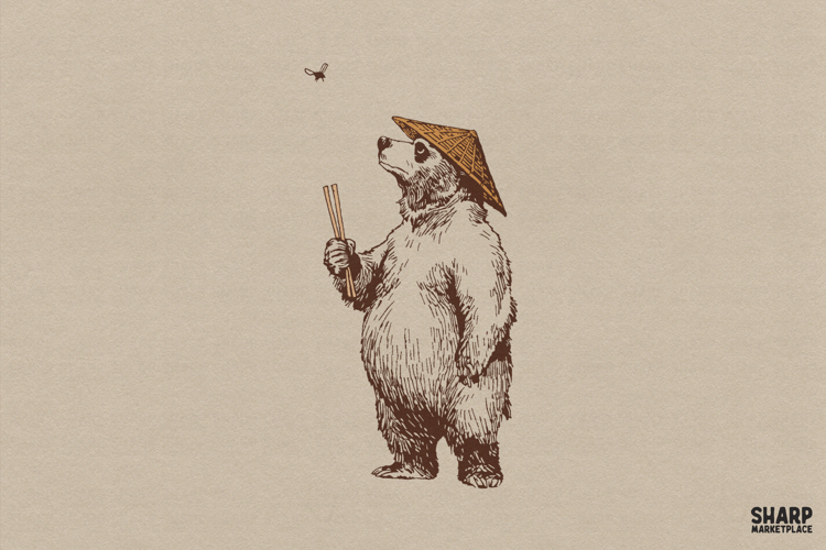 Funny Asian Bear With Chopsticks PNG, Retro Animal