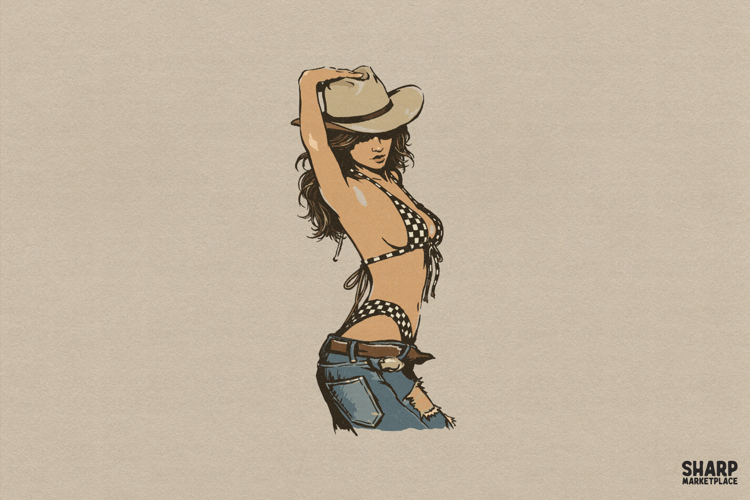 Desert Cowgirl Bikini Pose Retro Pinup Art, Summer PNG