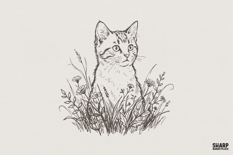 Cat PNG, Cute Cat Drawing PNG, Botanical Cat Art Print,