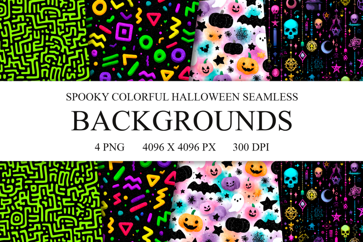 4 Spooky Colorful Halloween Seamless Patterns, Digital Paper