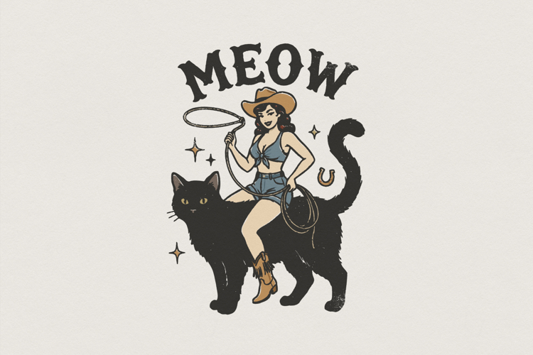 Meow PNG, Retro Cowgirl Cat Art Printable, Vintage Pinup