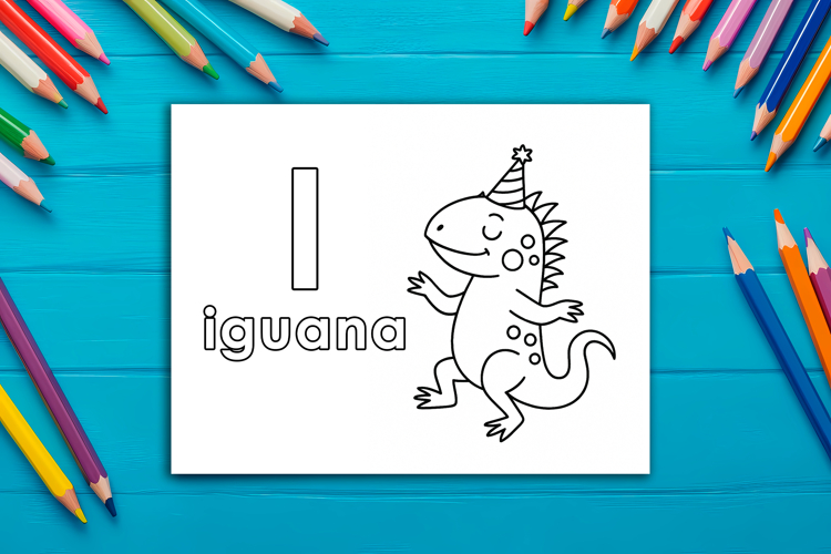 Letter I Coloring Page, Iguana Printable Design for Kids