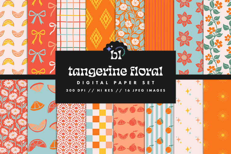Tangerine Floral Seamless Pattern Set