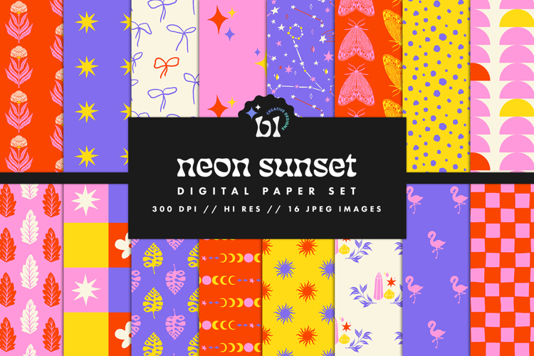 16 Neon Sunset Seamless Patterns