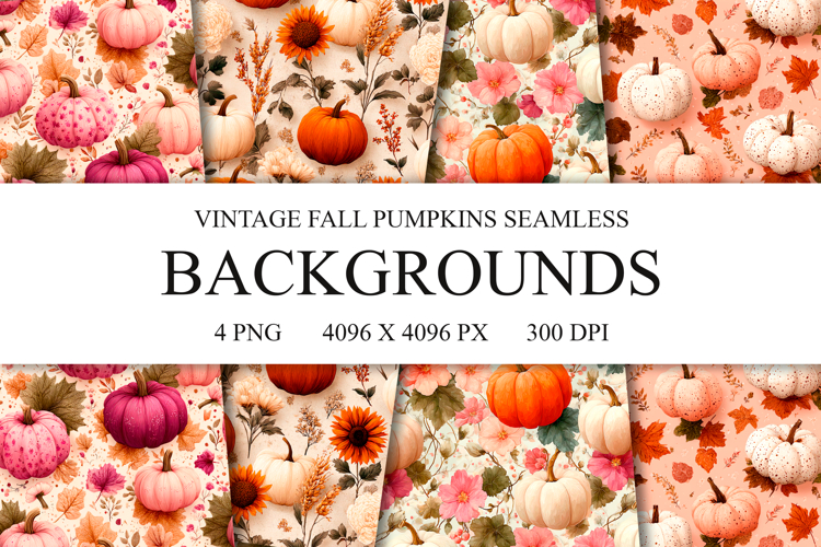 4 Vintage Fall Pumpkins Seamless Patterns, Digital Paper PNG