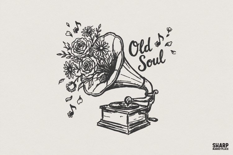 Old Soul PNG, Vintage Gramophone Flowers Music Design,