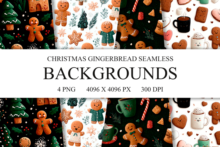 4 Christmas Gingerbread Seamless Patterns, Digital Paper PNG
