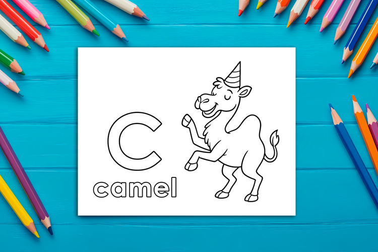 Letter C Coloring Page, Camel Printable Design for Kids
