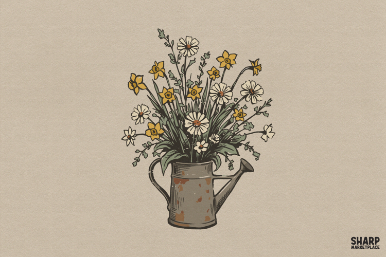 Rusty Watering Can With Daisy Bouquet Spring Png Vintage