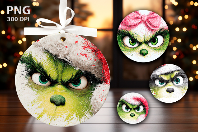 Christmas Grinch Cat Face Round Ornaments, 4 Sublimation PNG