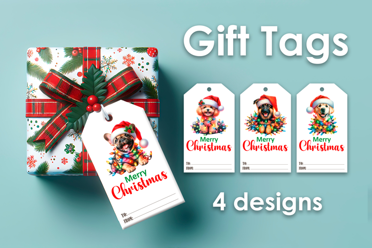 4 Christmas Dog Gift Tags, Printable Christmas Gift Tags PNG