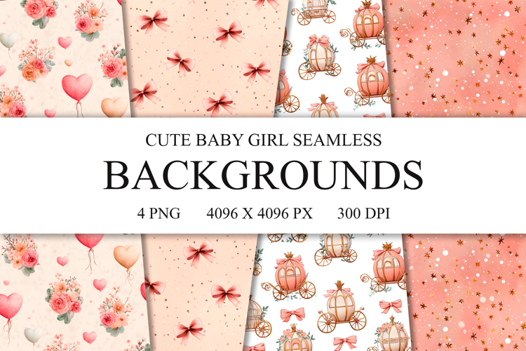 4 Cute Baby Girl Seamless Patterns, Vintage Digital Paper