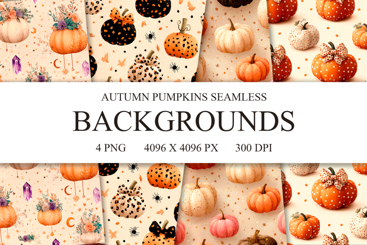4 Boho Autumn Pumpkins Seamless Patterns, Digital Paper PNG