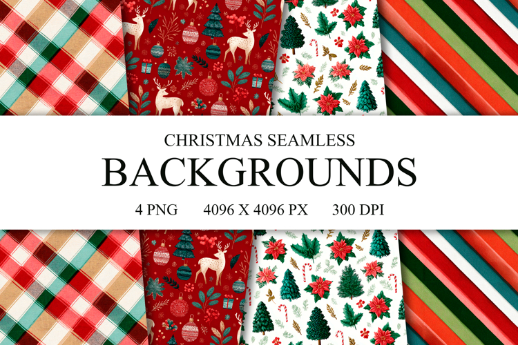 4 Christmas Seamless Patterns, Xmas Digital Paper PNG