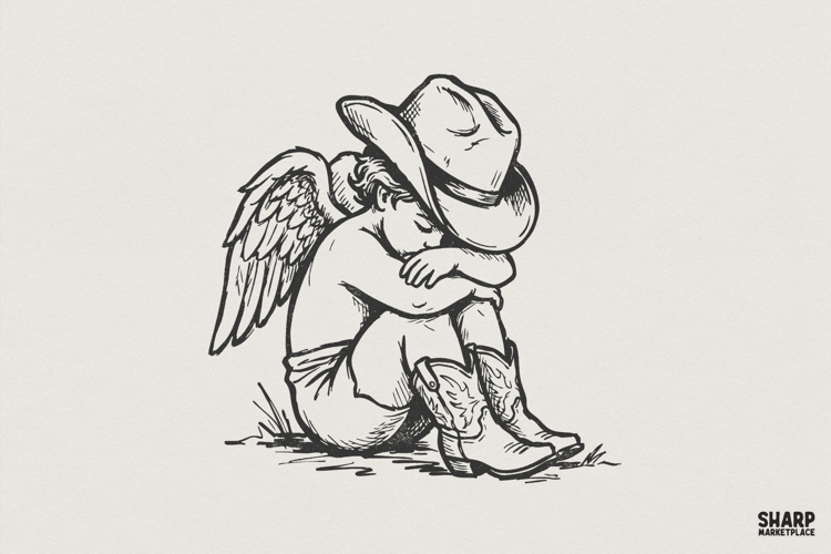 Cowboy Angel PNG, Western Cherub Clipart, Sad Angel Art for