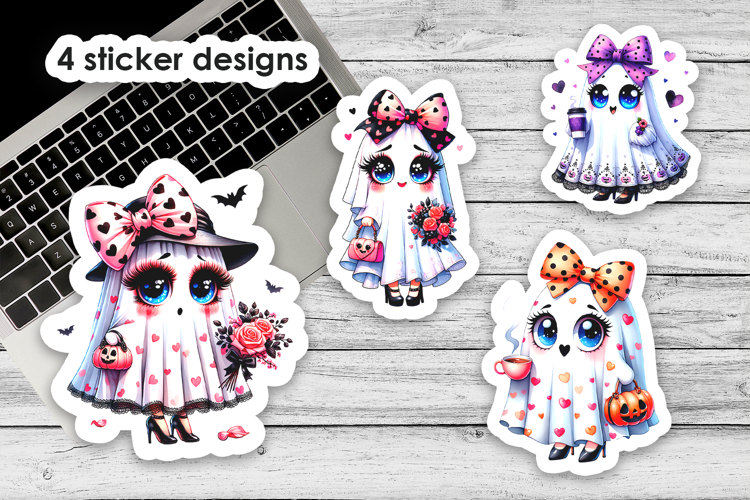 Halloween Kawaii Lady Ghost Printable Stickers, 4 PNG Files
