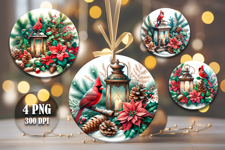 4 Lantern and Cardinal Round Ornaments, Xmas Sublimation PNG