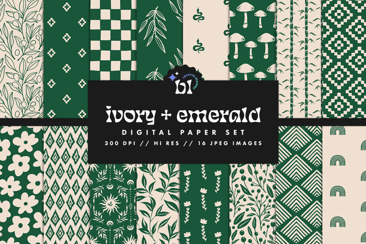16 Ivory & Emerald Seamless Patterns