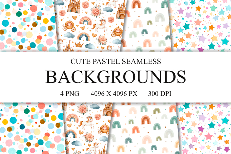 4 Cute Pastel Seamless Patterns, Colorful Digital Paper PNG