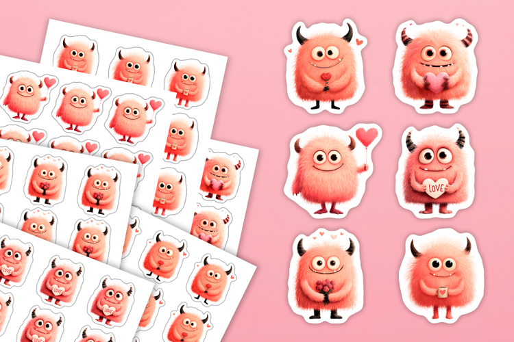 Monster in Love Stickers, Valentines Day Stickers PNG Files