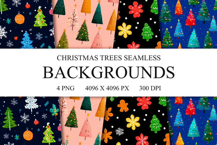 4 Christmas Trees Seamless Patterns, Xmas Digital Paper PNG
