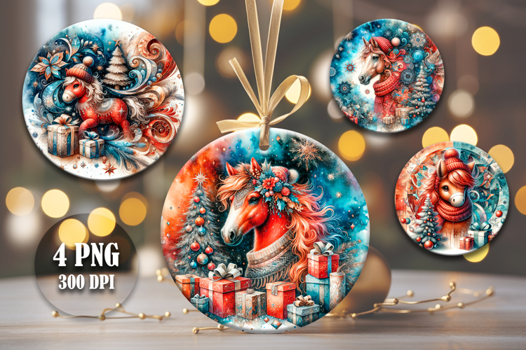 4 Christmas Red Fire Horse Round Ornaments, Xmas Sublimation