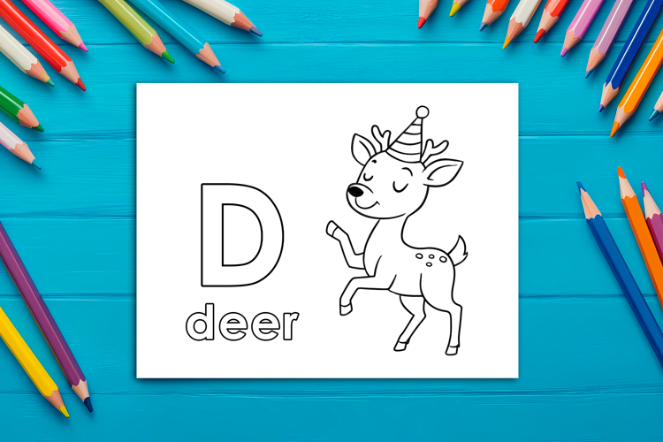 Letter D Coloring Page, Deer Printable Design for Kids